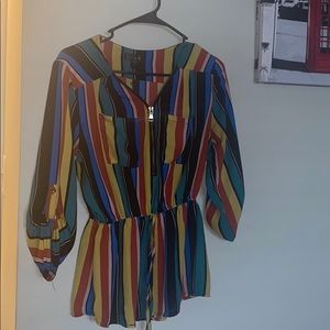 Striped Bold Colored Women’s Zipper Blouse